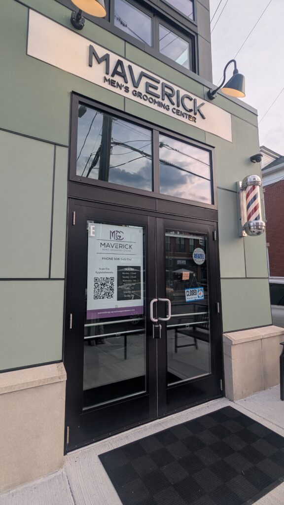 The Maverick Men's Grooming Center storefront at 1 South Main Street in Natick Center